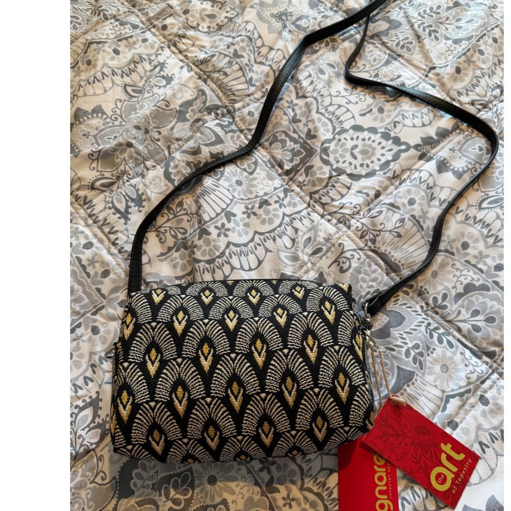 New Signare Tapestry Crossbody Bag Geometric Art Deco Pattern Black Silver Gold